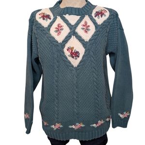 Vintage Lady Footlocker Floral Knit Sweater 100% Cotton Teal Women’s Large